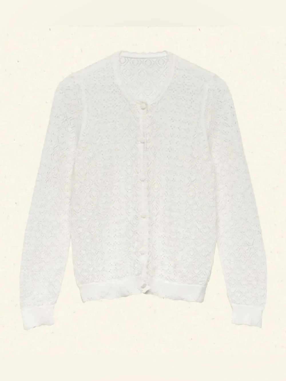 Doen Diane Pointelle Lace Crochet Button Knit Cardigan Sweater Top Ivory White